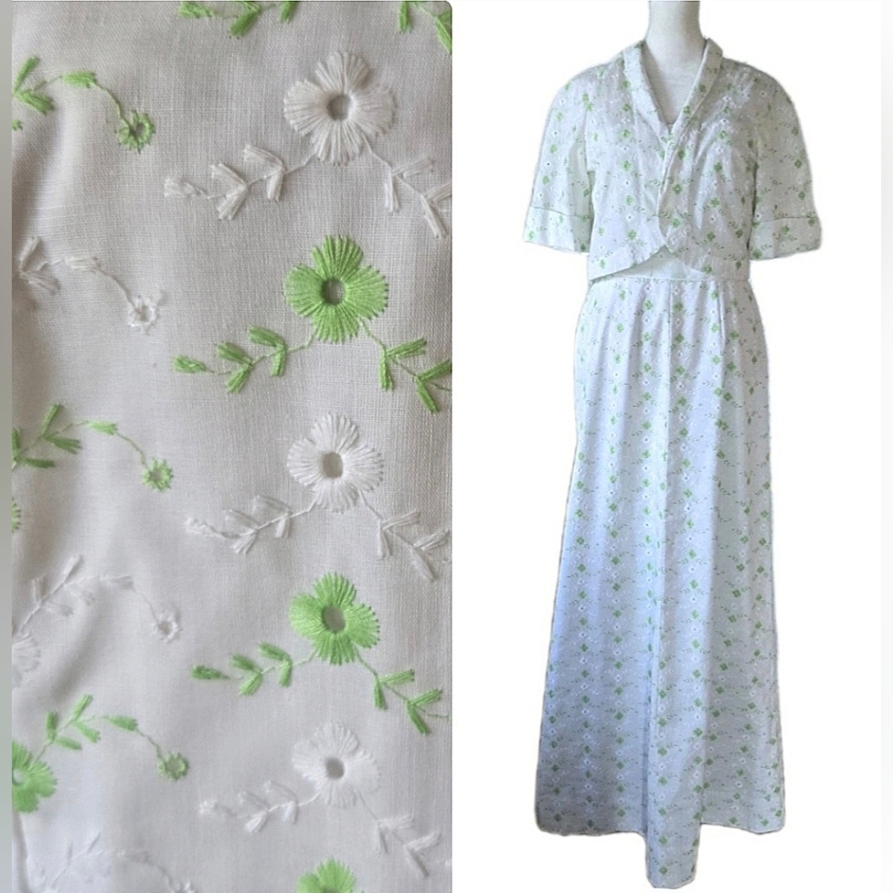 Vtg 1960s Eyelet Floral Maxi Dress And Jacket Set, S, Cotton